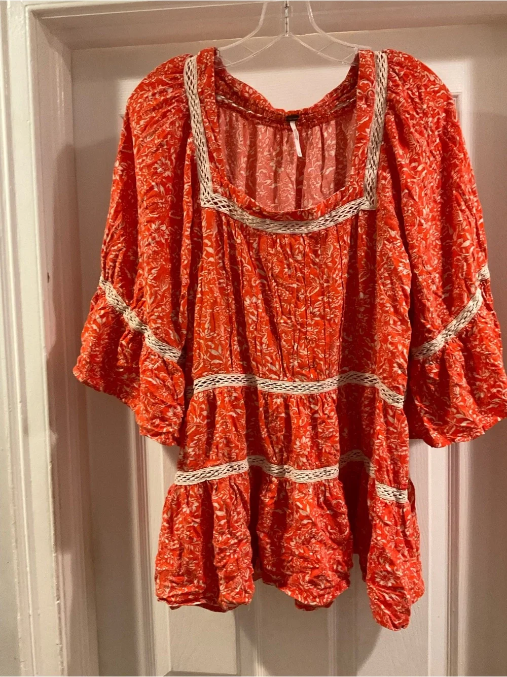 Free People Boho Orange Cream Floral Peasant Top with Lace Trim Size L